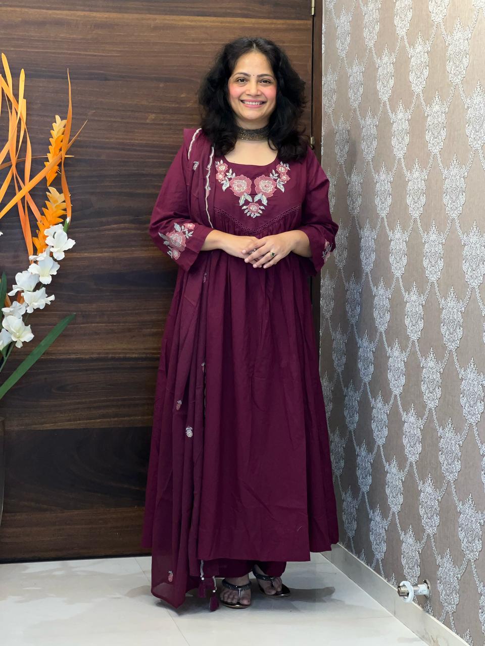 Deep Maroon Colour Premium Cotton Anarkali Dupatta Set
