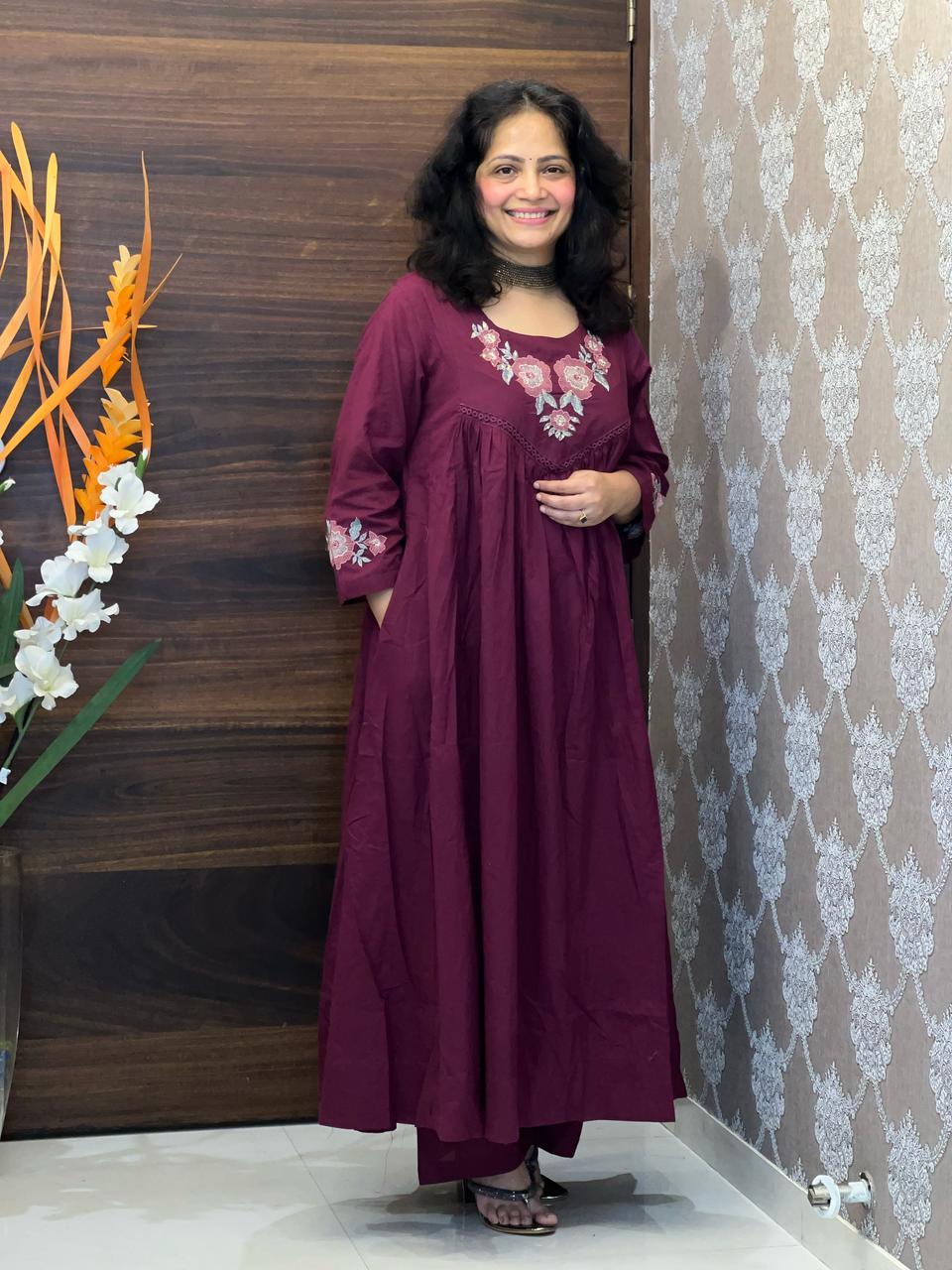 Deep Maroon Colour Premium Cotton Anarkali Dupatta Set