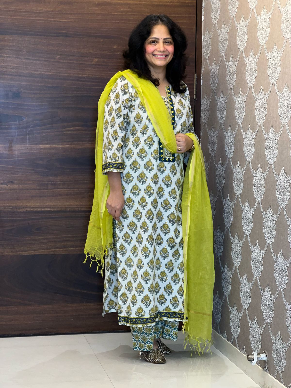 Cream-Green Colour Pure Cotton Dupatta Set