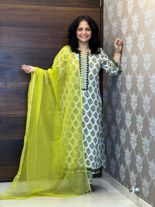 Cream-Green Colour Pure Cotton Dupatta Set