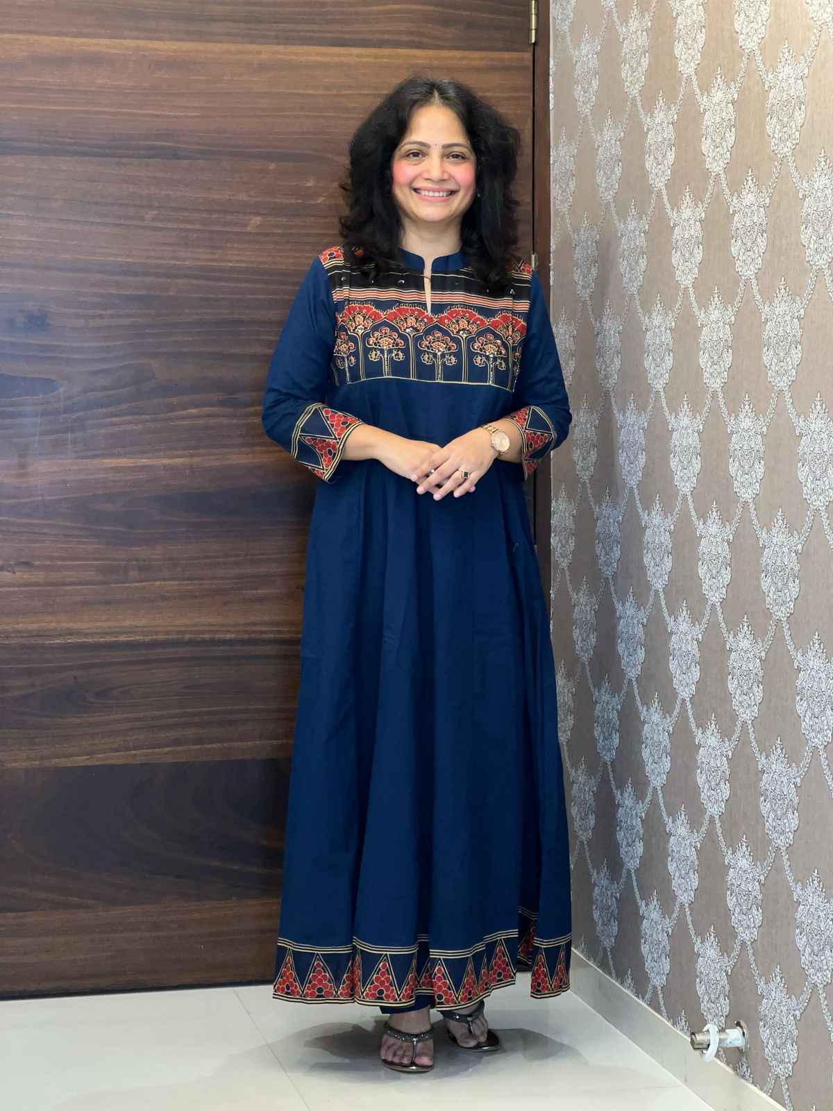 Blue Colour Ajrakh Print Premium Cotton Anarkali Dupatta Set
