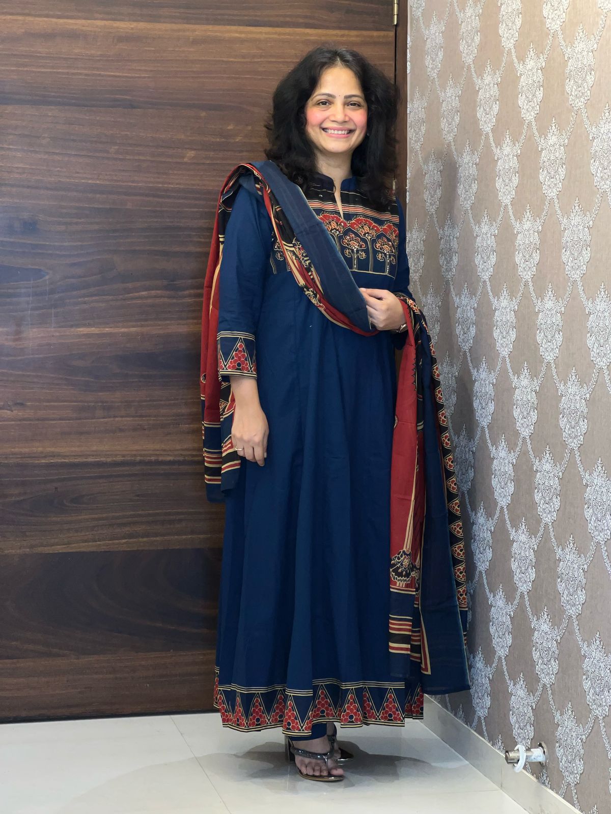 Blue Colour Ajrakh Print Premium Cotton Anarkali Dupatta Set
