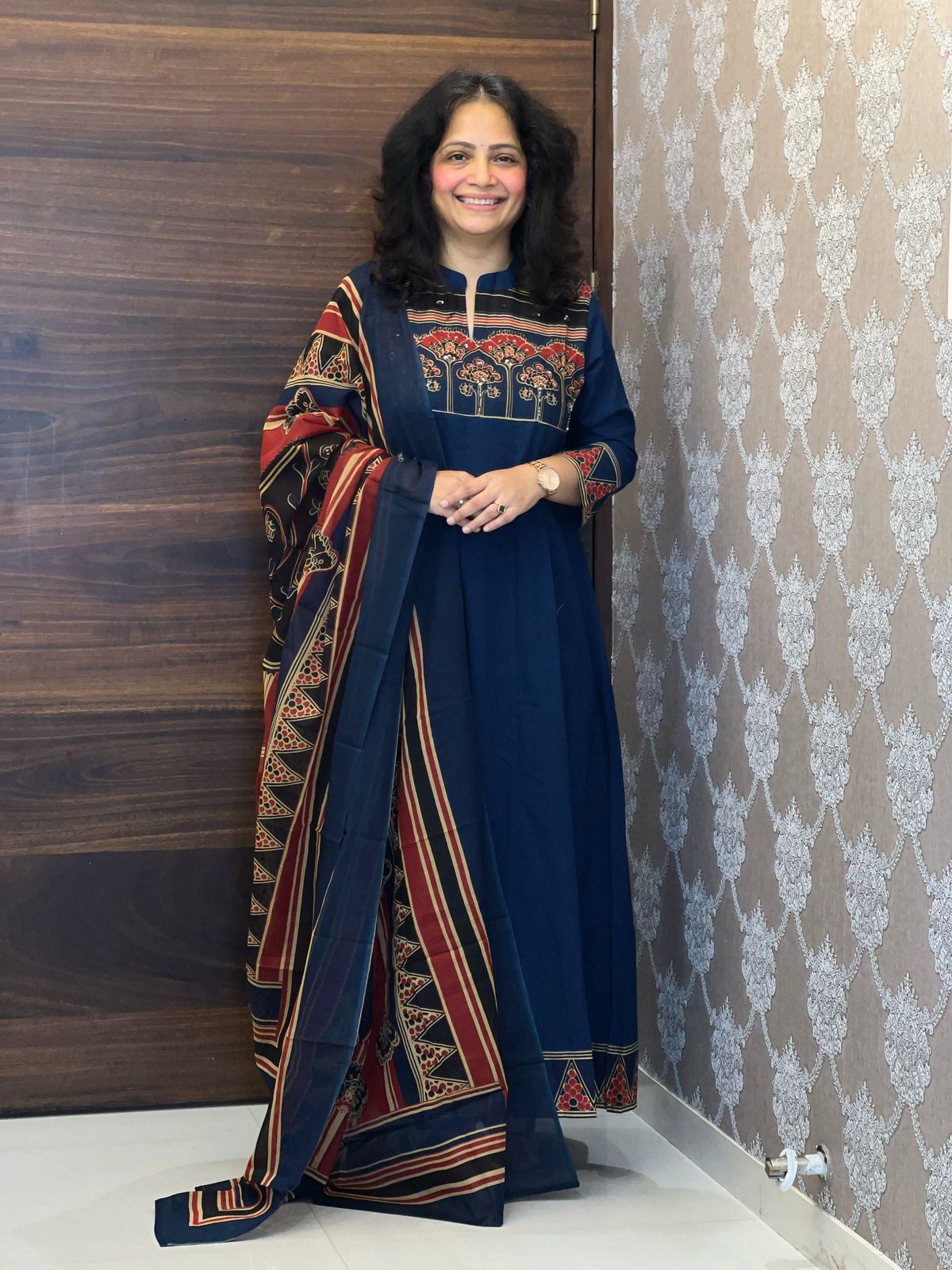 Blue Colour Ajrakh Print Premium Cotton Anarkali Dupatta Set