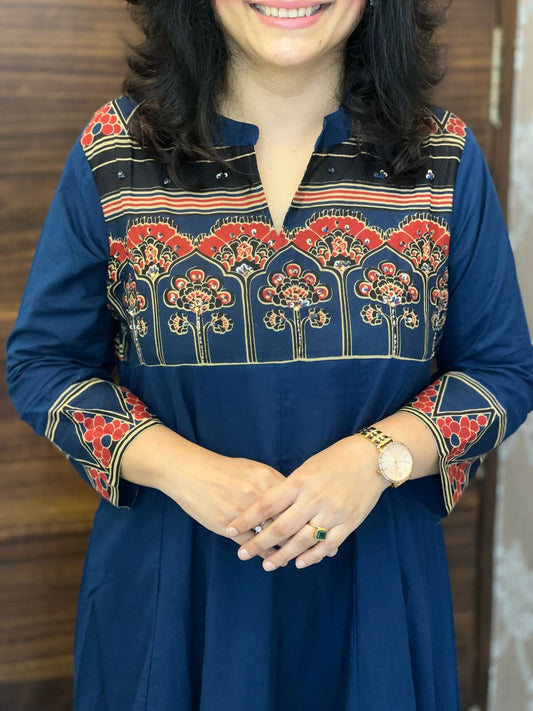 Blue Colour Ajrakh Print Premium Cotton Anarkali Dupatta Set