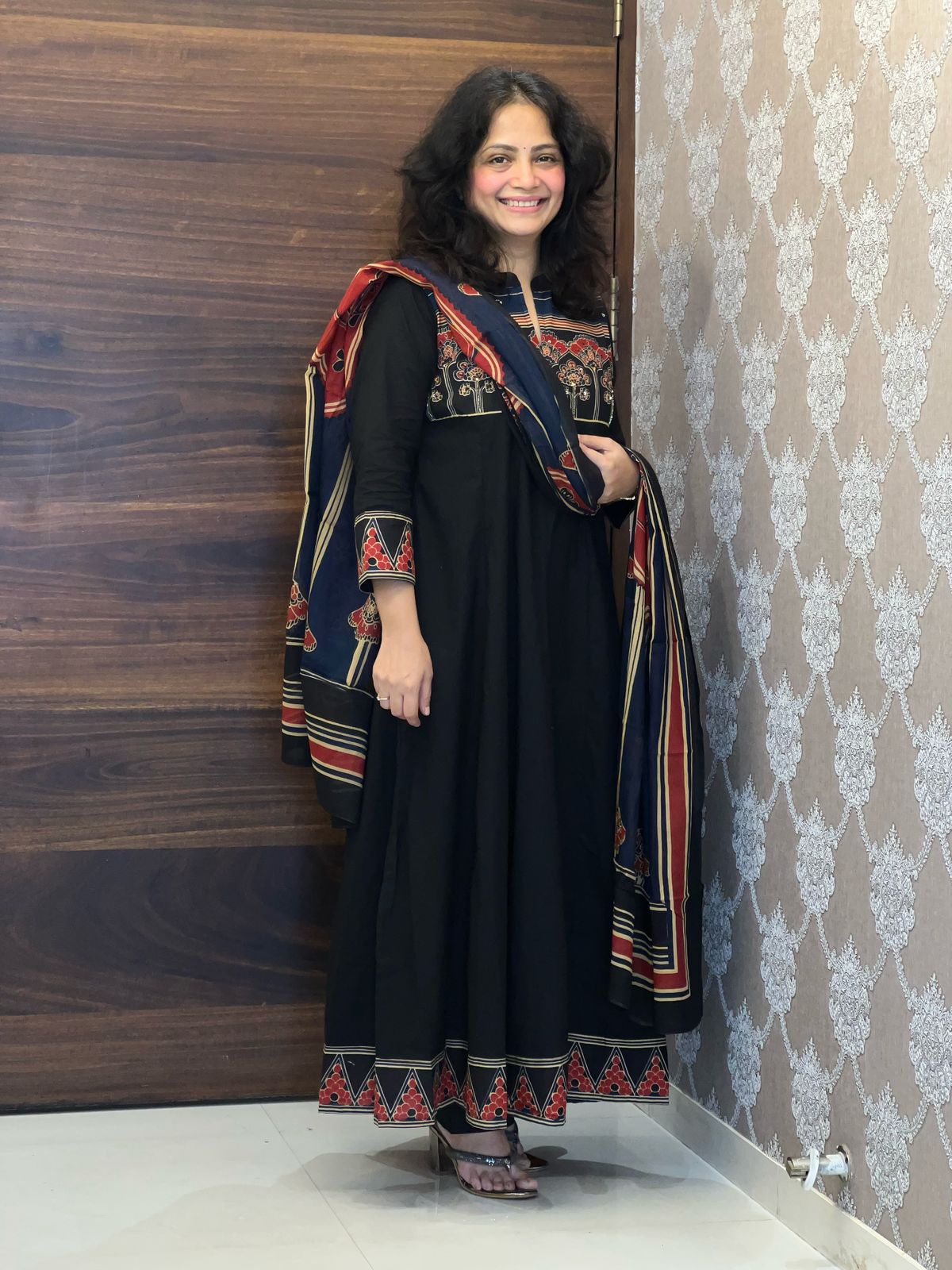 Black Colour Ajrakh Print Premium Cotton Anarkali Dupatta Set
