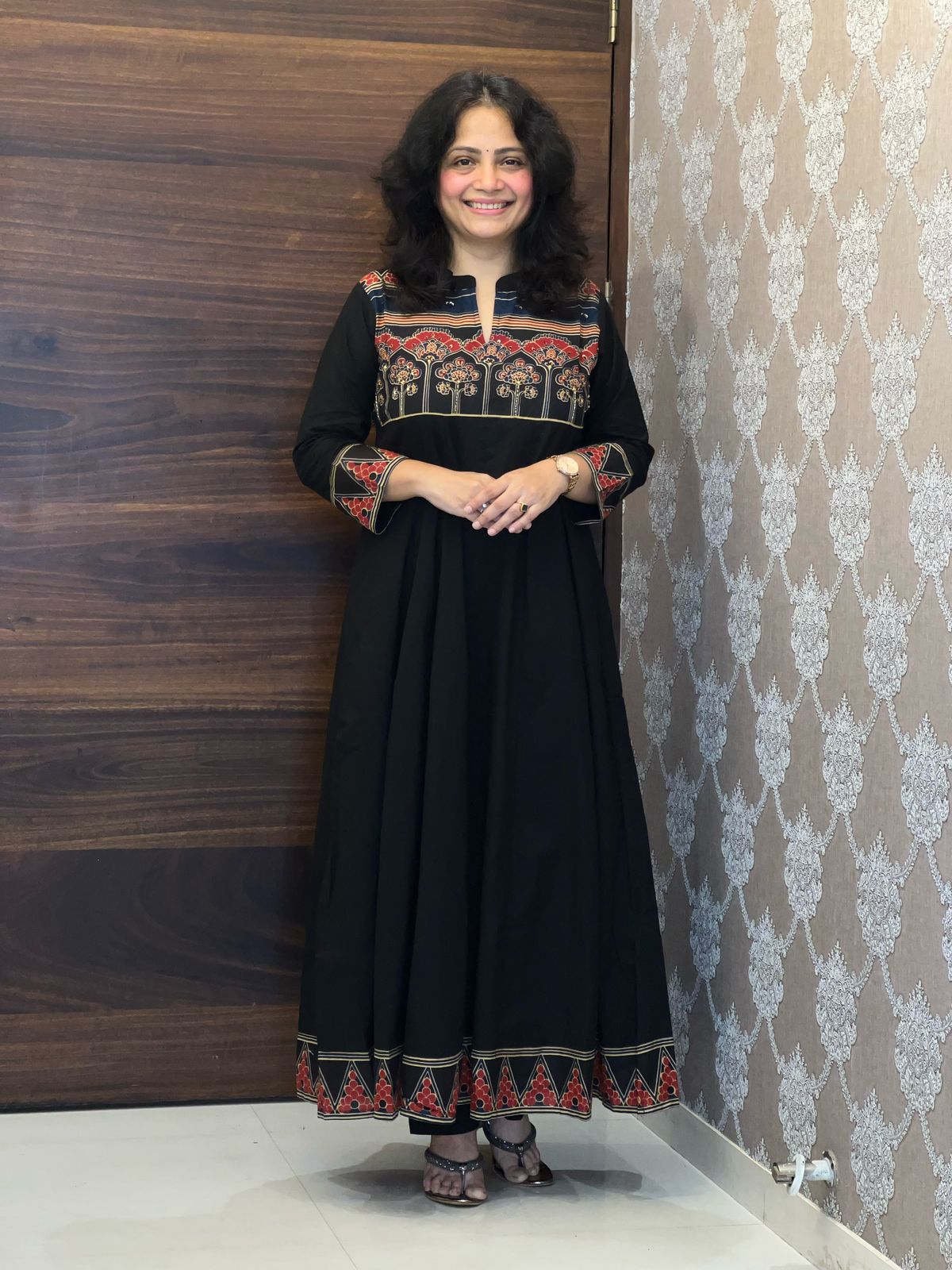 Black Colour Ajrakh Print Premium Cotton Anarkali Dupatta Set