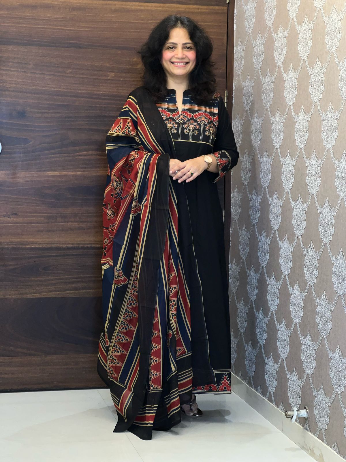 Black Colour Ajrakh Print Premium Cotton Anarkali Dupatta Set