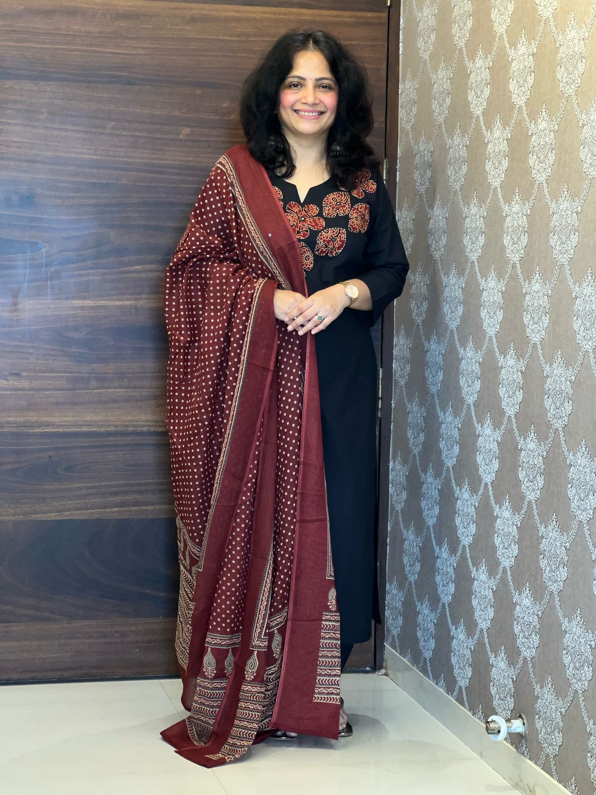 Black Color Applique Work Dupatta Set