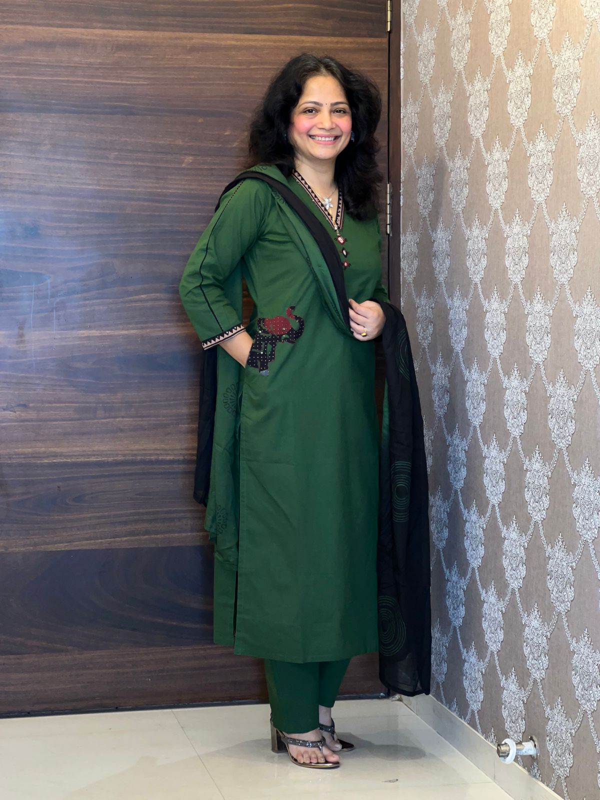 Green Colour Applique Work Dupatta Set