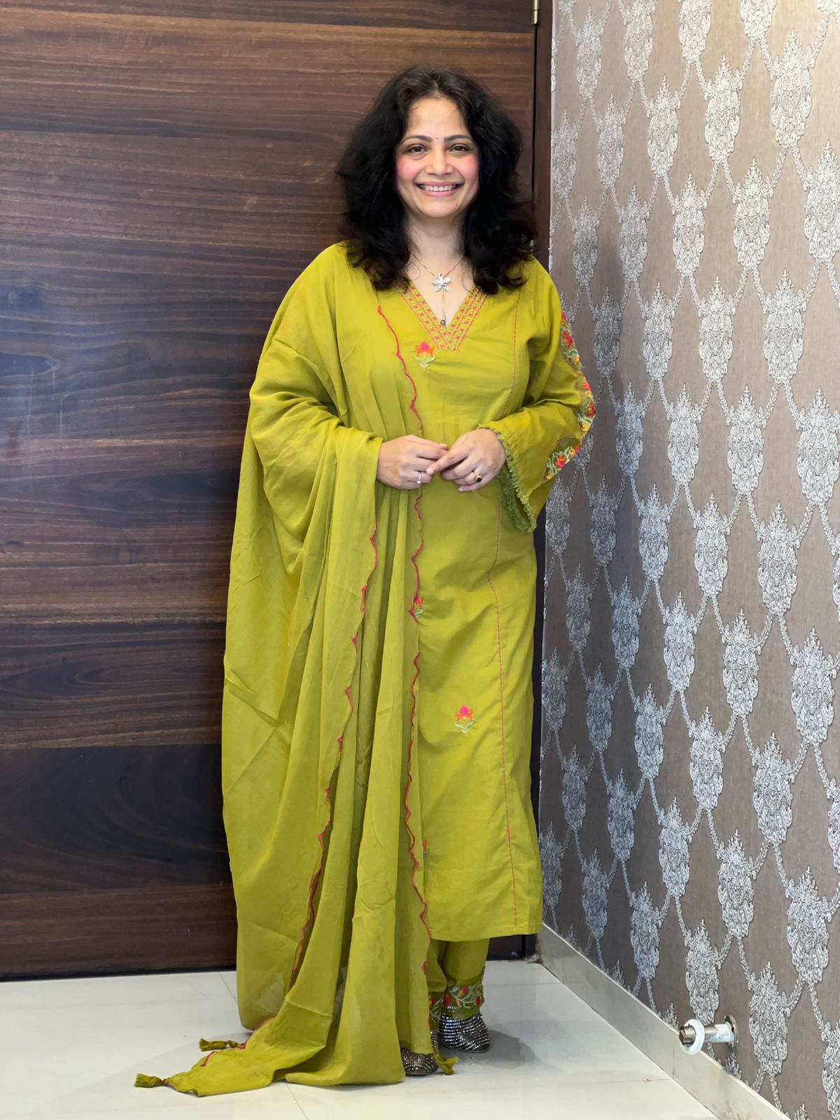 Greenish-Yellow Color Pure Cotton Dupatta Set
