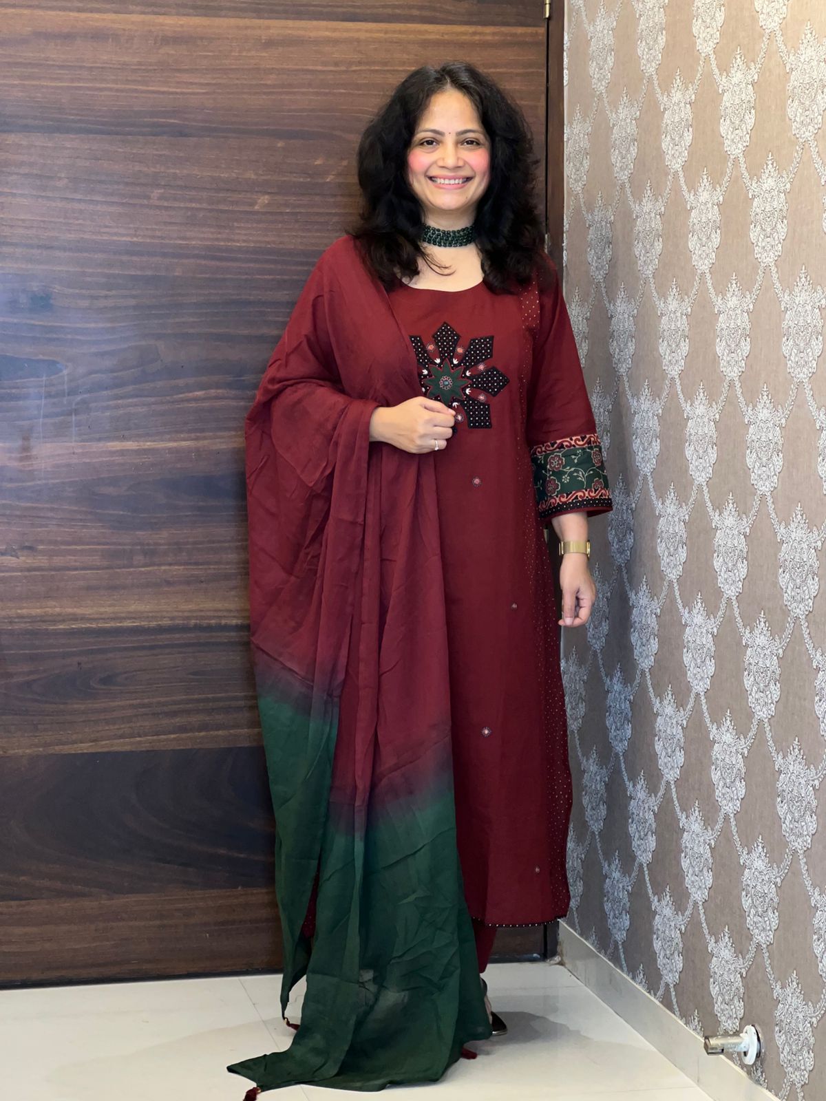 Maroon Color Applique Work Dupatta Set