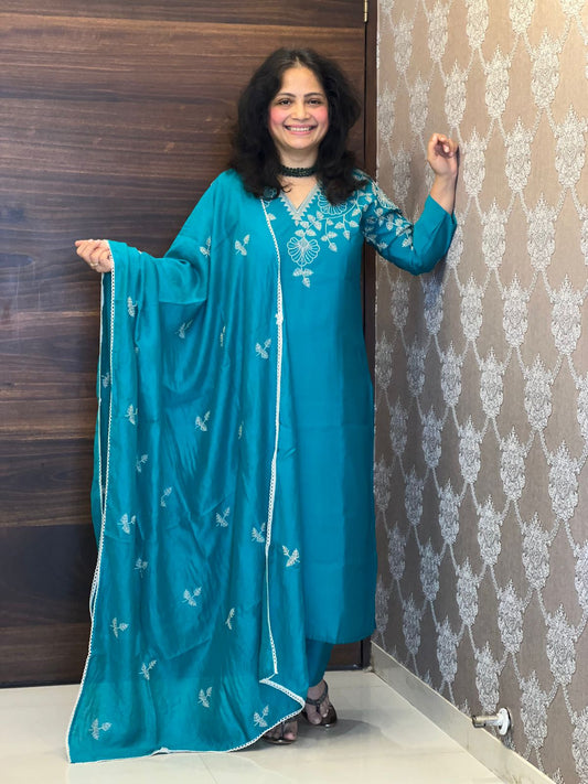 Peacock Color Roman Silk Dupatta Set