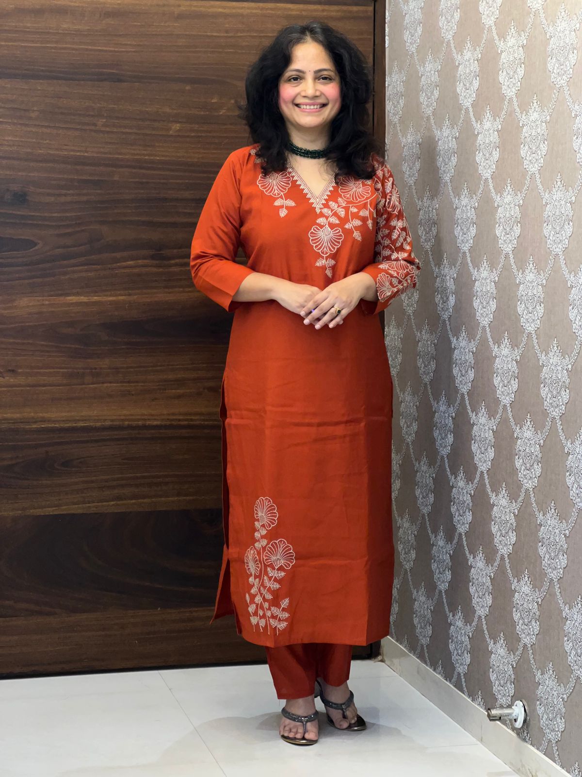 Rust Color Roman Silk Dupatta Set