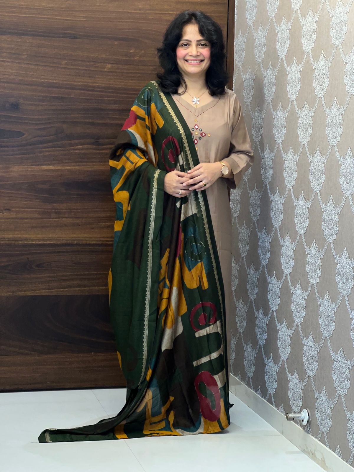 Beige Color Modal Muslin Dupatta Set
