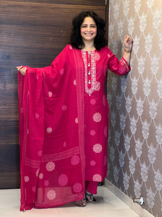 Rani Colour Pure Cotton Dupatta Set