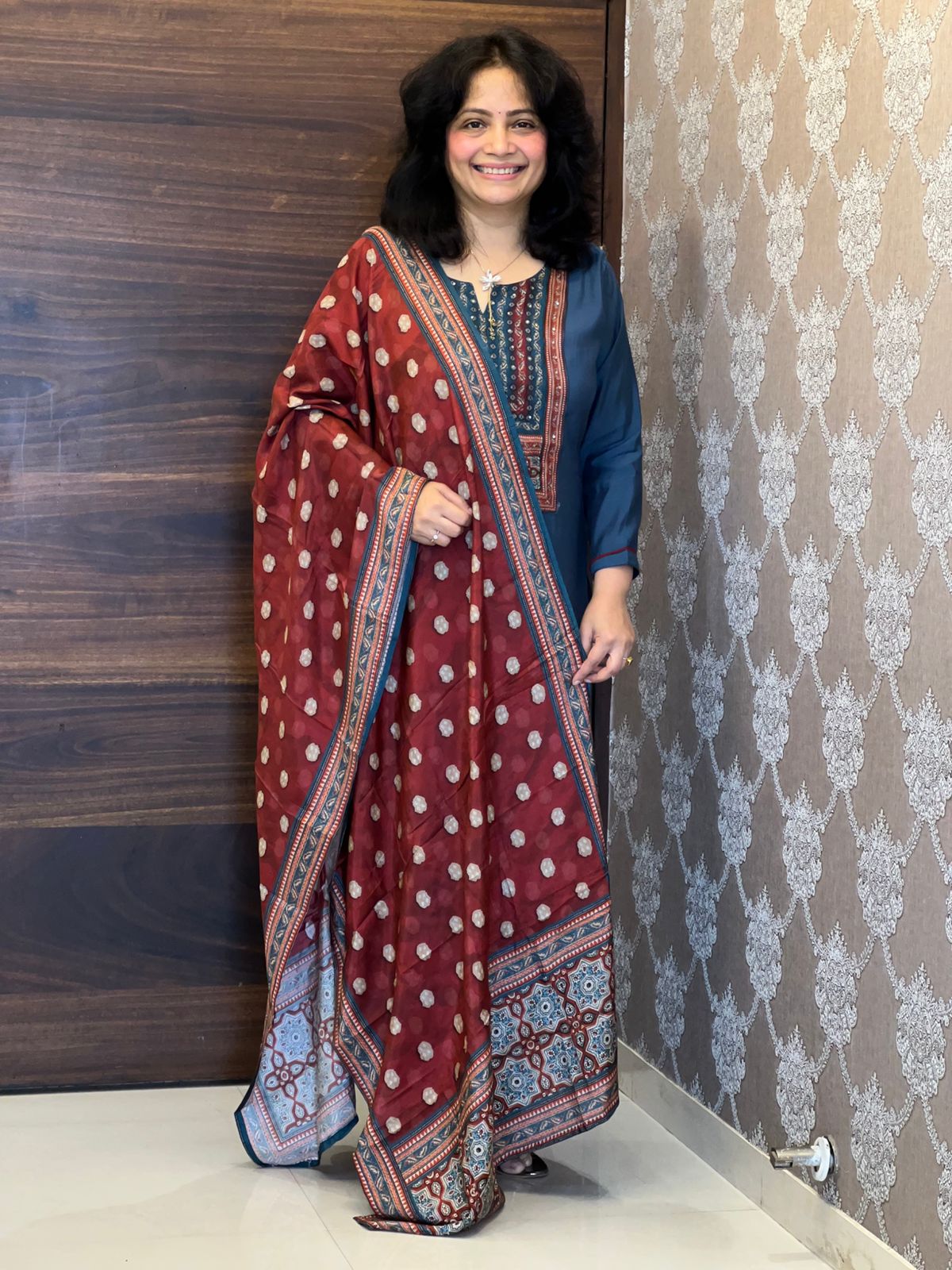 Teal Blue Color Modal Muslin Dupatta Set