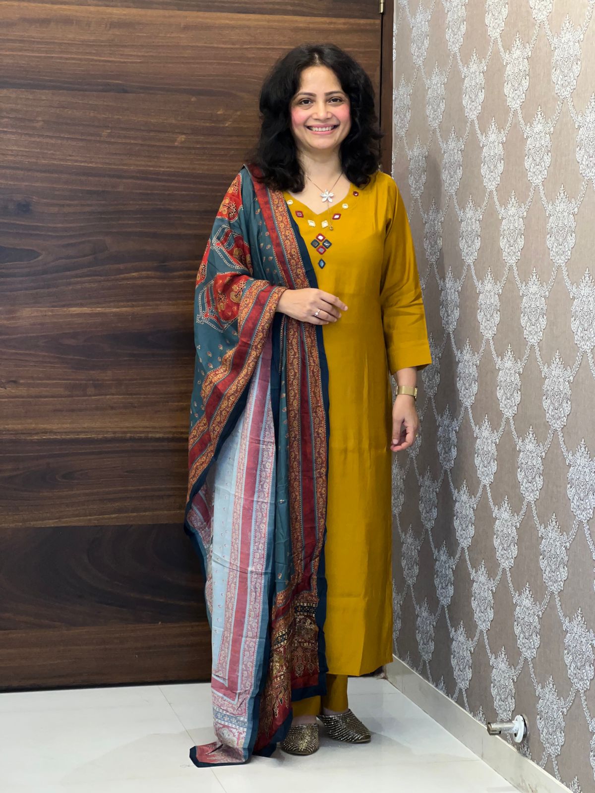 Golden-Yellow Color Modal Muslin Dupatta Set