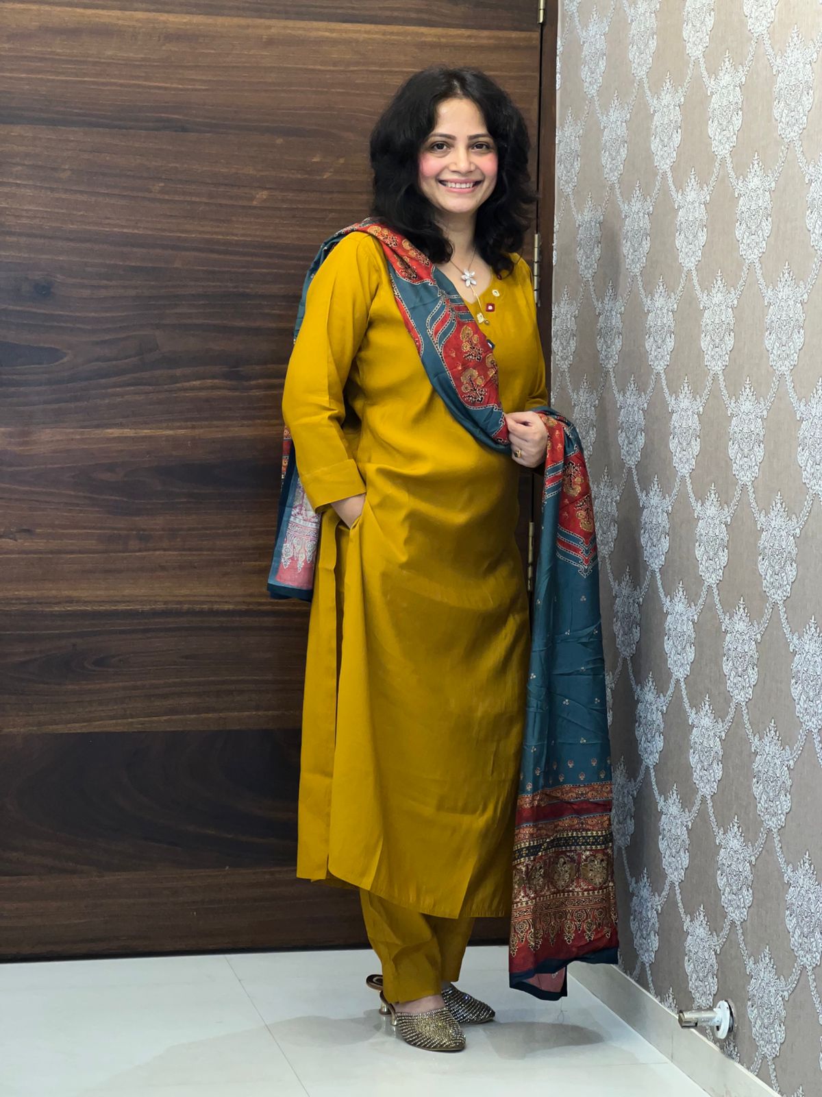 Golden-Yellow Color Modal Muslin Dupatta Set