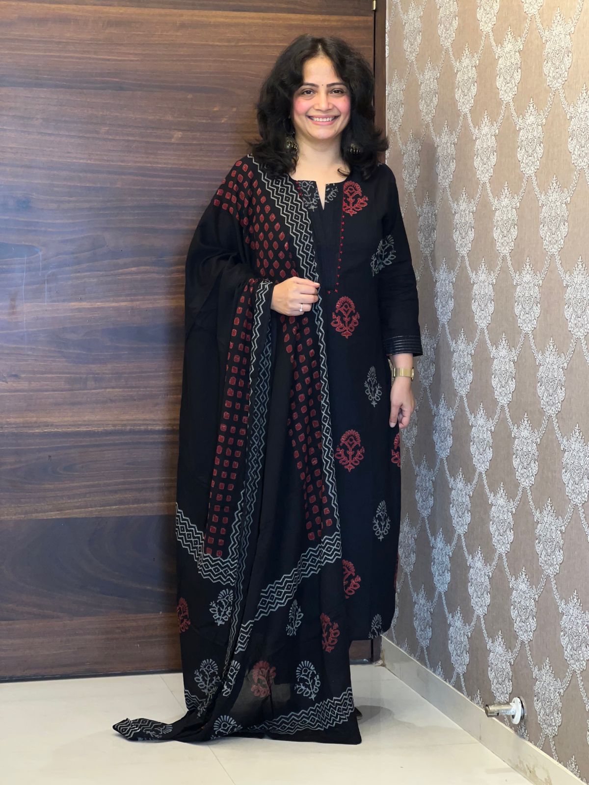 Hand-Block Printed Black Color Pure Cotton Dupatta Set