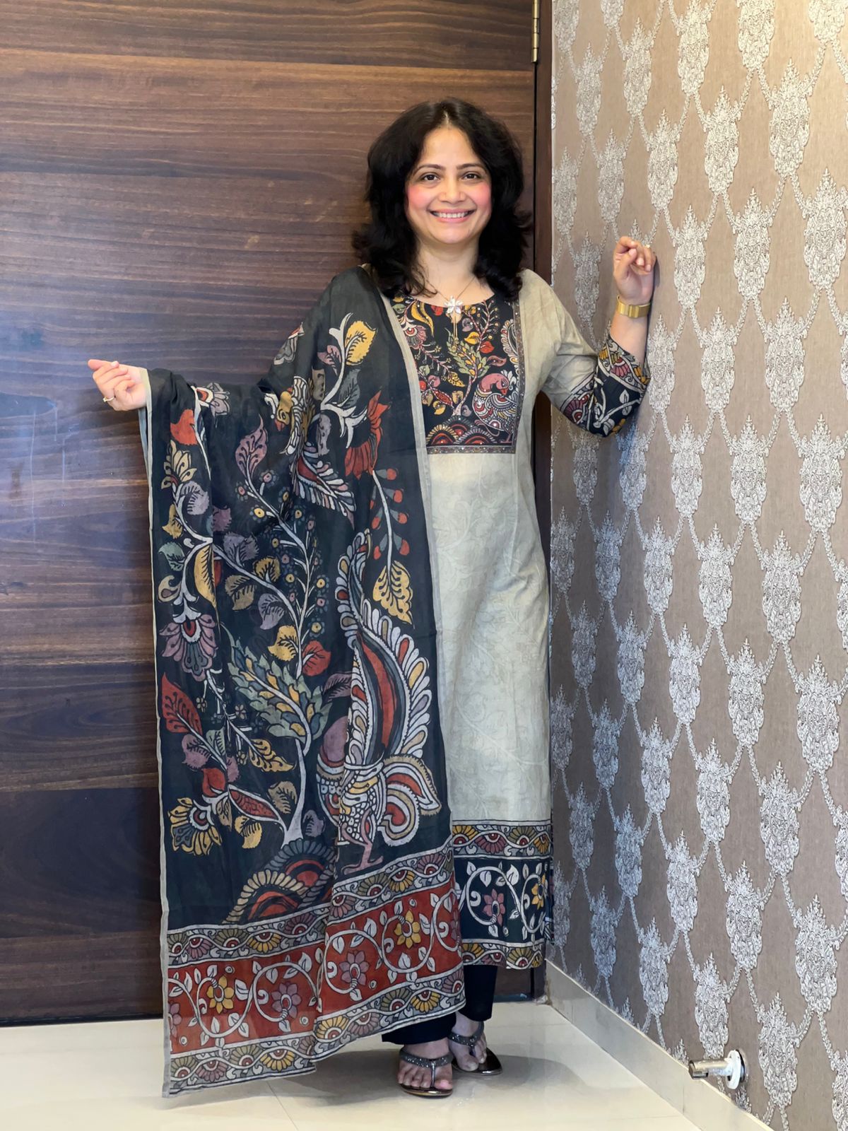 Digital Printed Beige Colour Pure Cotton Dupatta Set