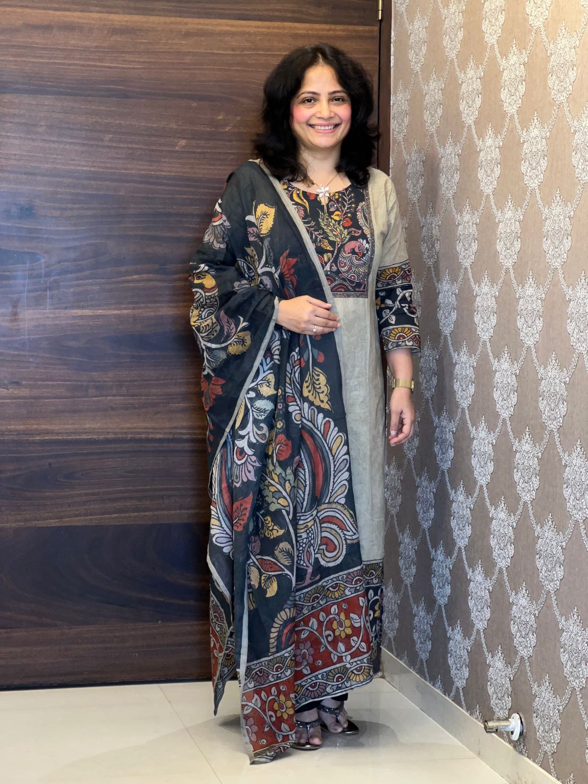 Digital Printed Beige Colour Pure Cotton Dupatta Set