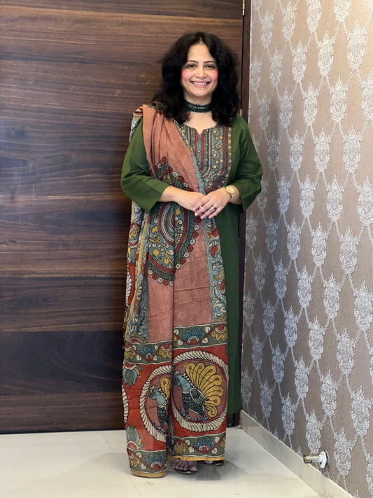 Deep Olive Green Colour Kalamkari Dupatta Set