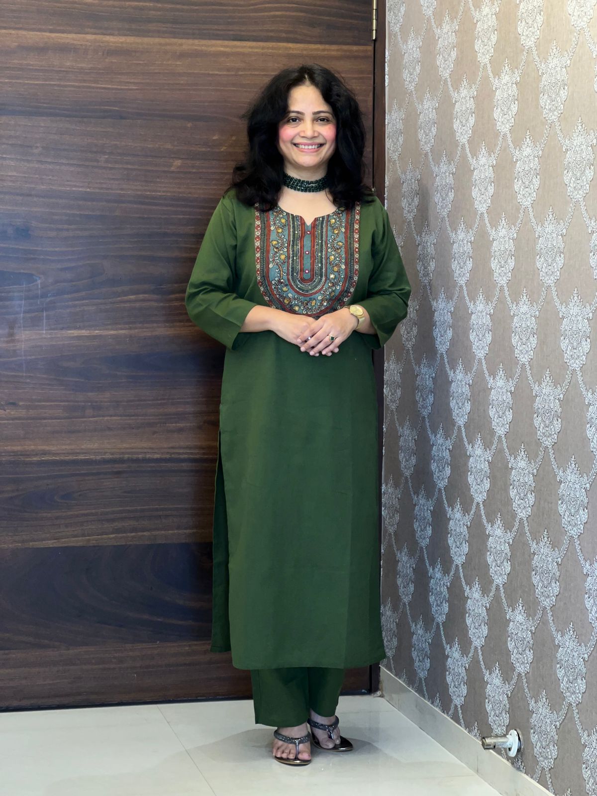 Deep Olive Green Colour Kalamkari Dupatta Set