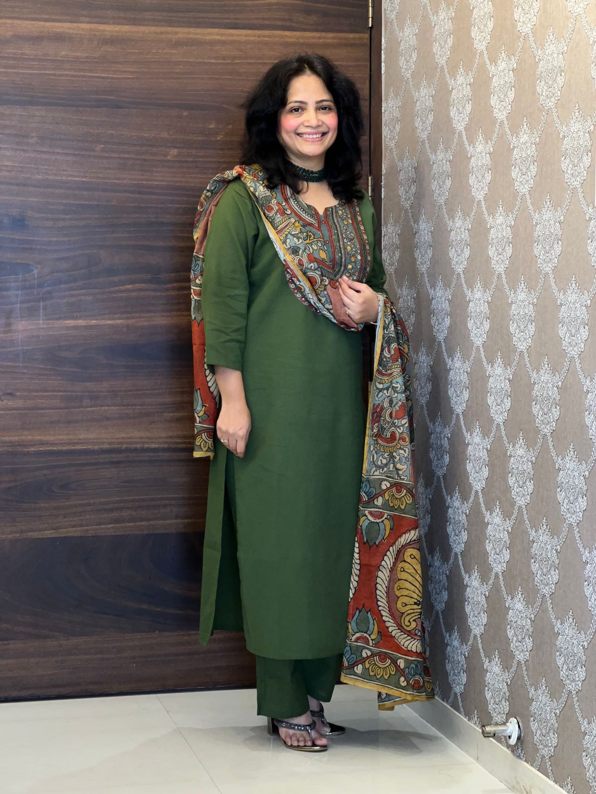 Deep Olive Green Colour Kalamkari Dupatta Set