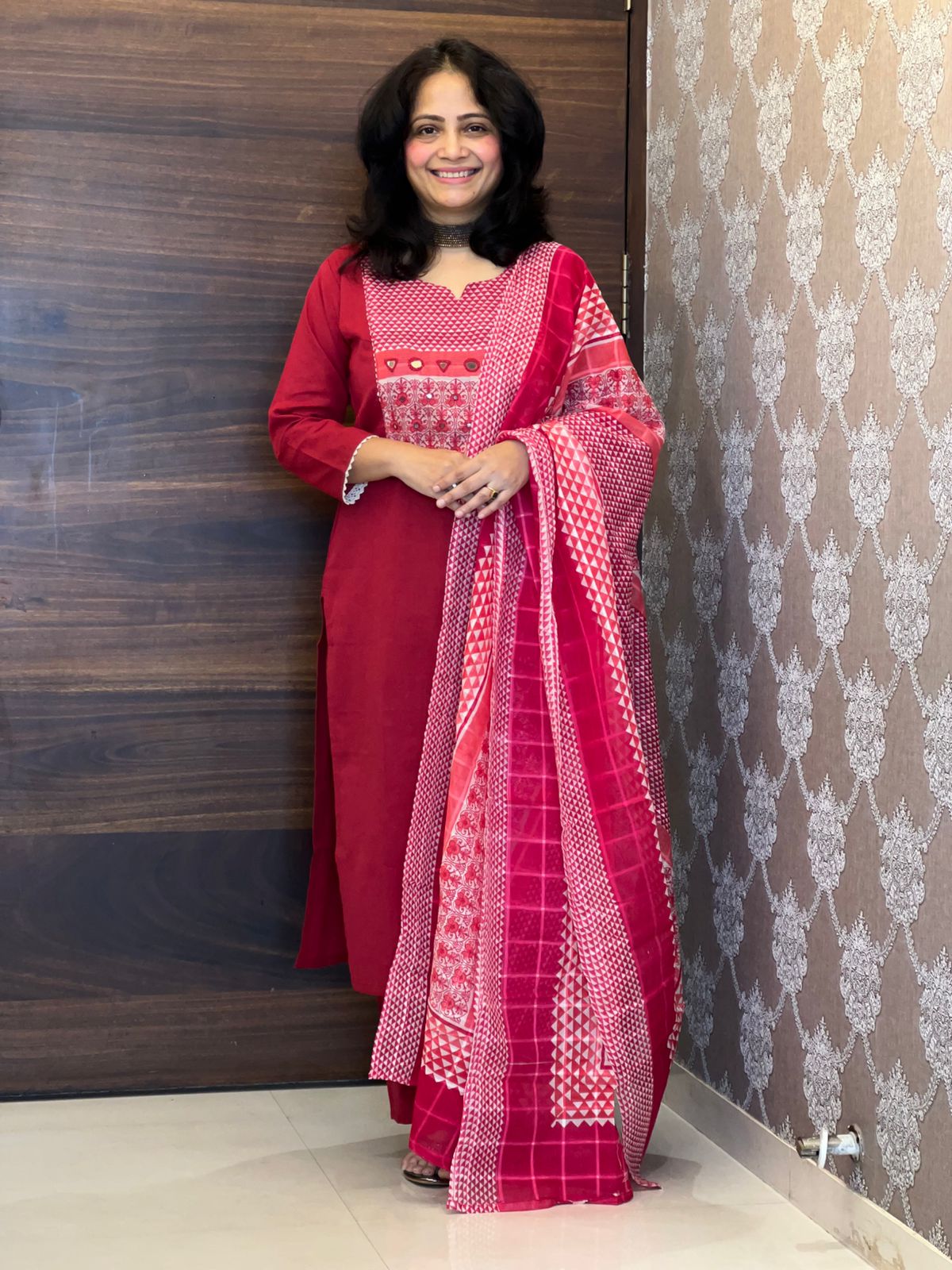 Red Color Cotton Flex Dupatta Set