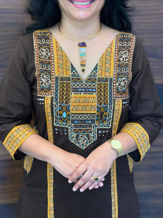 Brown Colour Dabu Cotton Dupatta Set