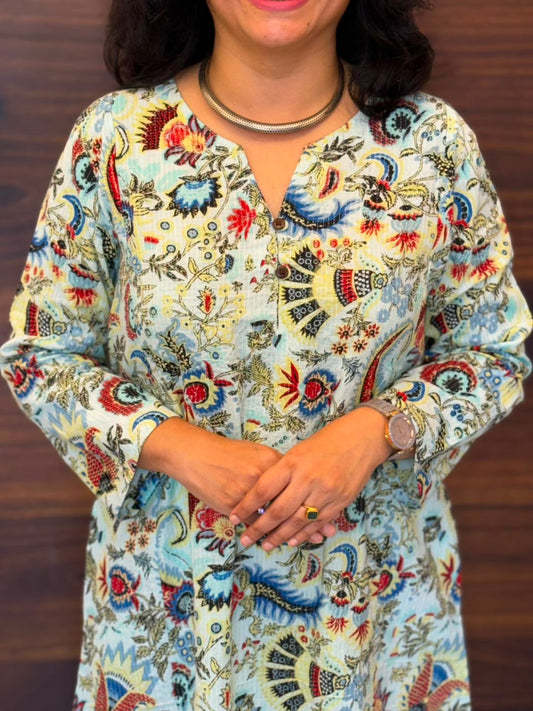 Light Blue Katha Work Pure Cotton A Line Kurti