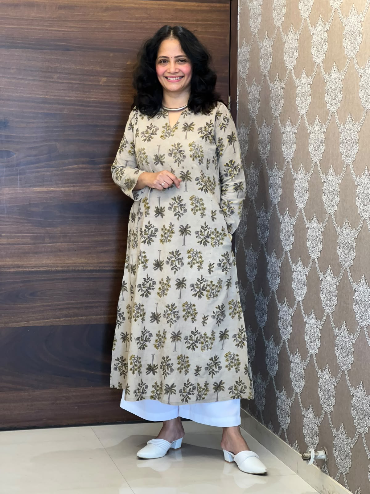 Soft Sage Grey Color Vanaspati Hand Block Print Pure Cotton A Line Kurti