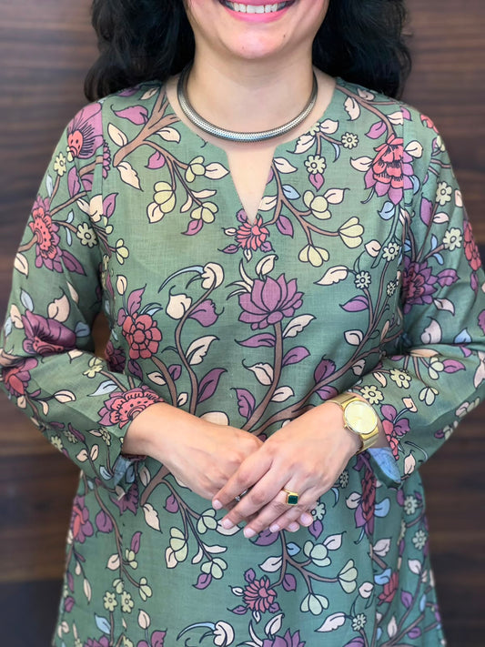 Pastel Green Kalamkari Digital Print Linen A-Line Kurti-Round Neck