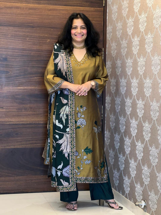 Mustard-Green Color Pure Muslin Dupatta Set
