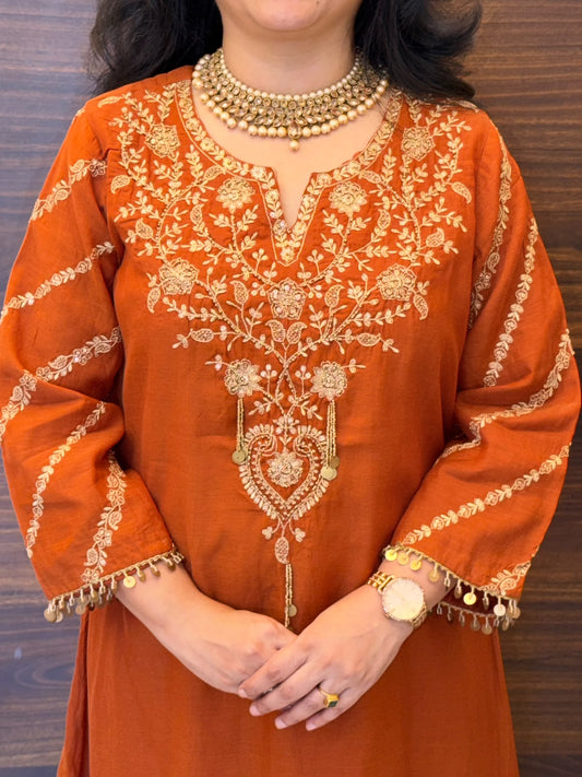 Rust Orange Color Mul Chanderi Dupatta Set
