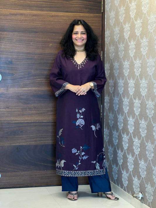 Wine-Teal Color Pure Muslin Dupatta Set