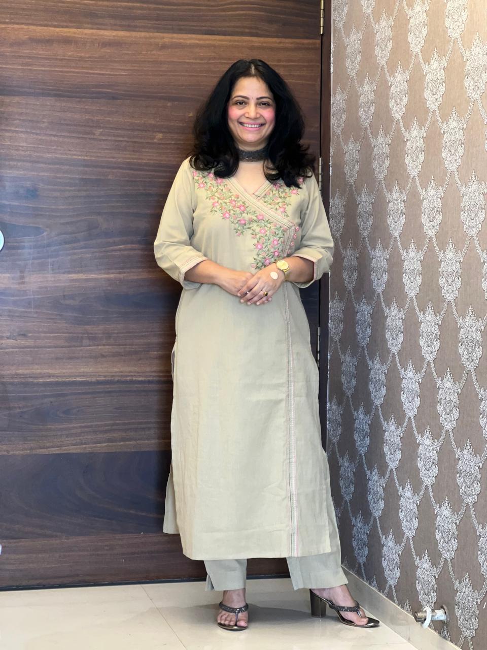 Beige Cotton Flex Angarkha Kurti-Pant Set