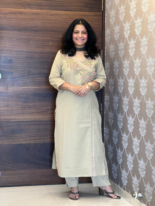 Beige Cotton Flex Angarkha Kurti-Pant Set