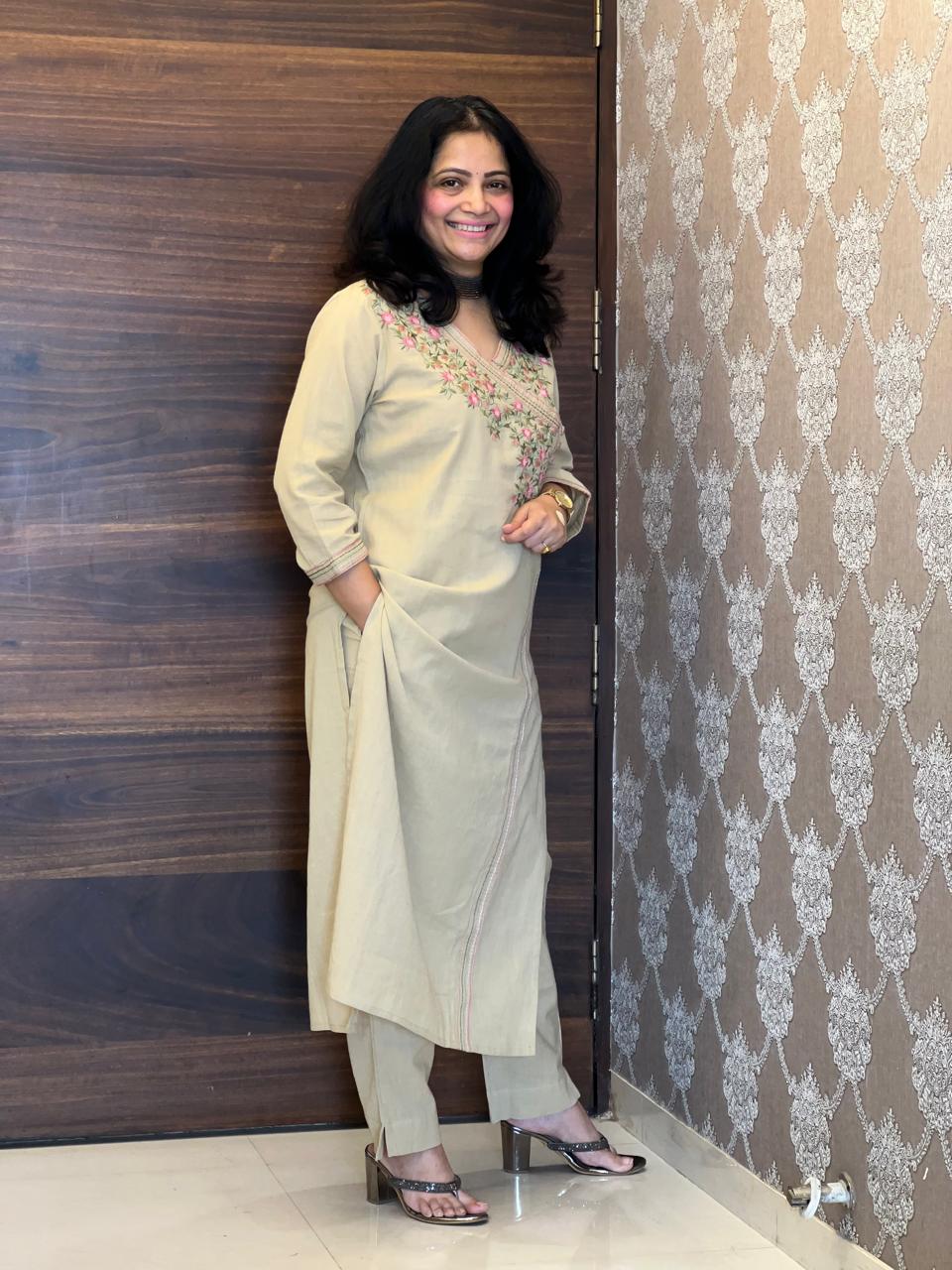 Beige Cotton Flex Angarkha Kurti-Pant Set