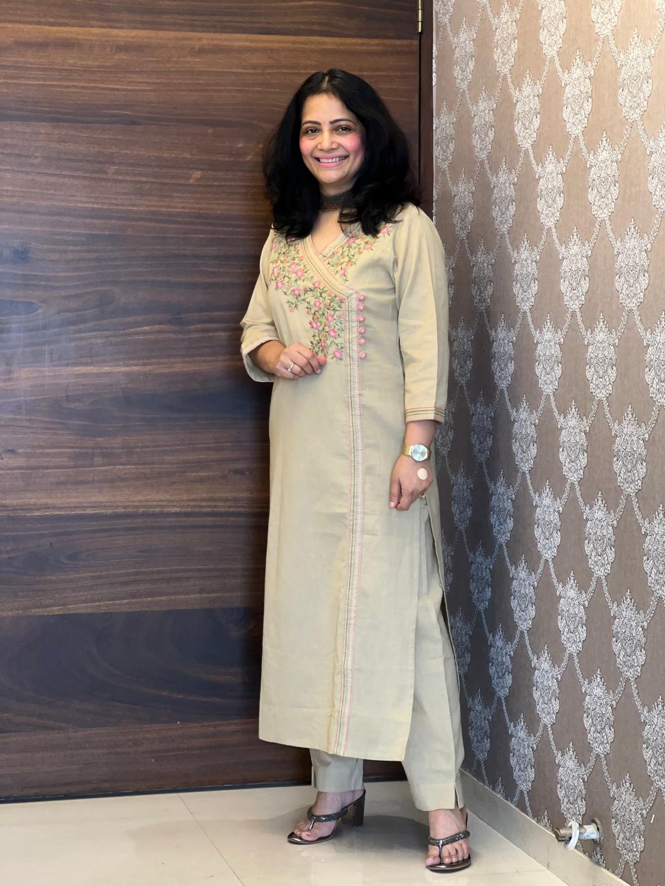 Beige Cotton Flex Angarkha Kurti-Pant Set