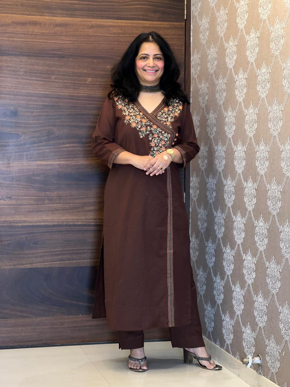 Coffee Brown Cotton Flex Angarkha Kurti-Pant Set