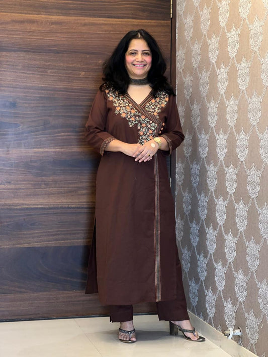 Coffee Brown Cotton Flex Angarkha Kurti-Pant Set