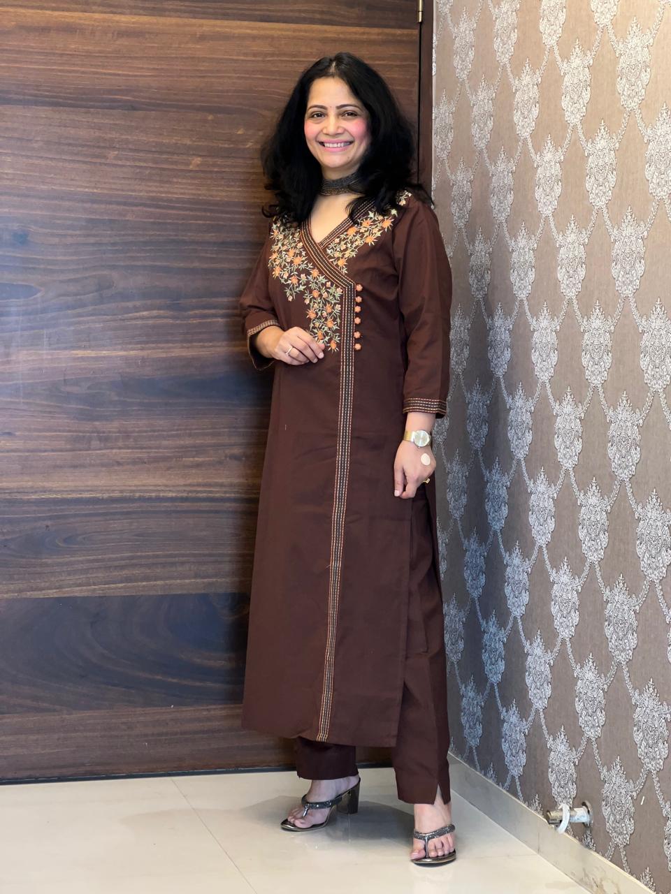 Coffee Brown Cotton Flex Angarkha Kurti-Pant Set