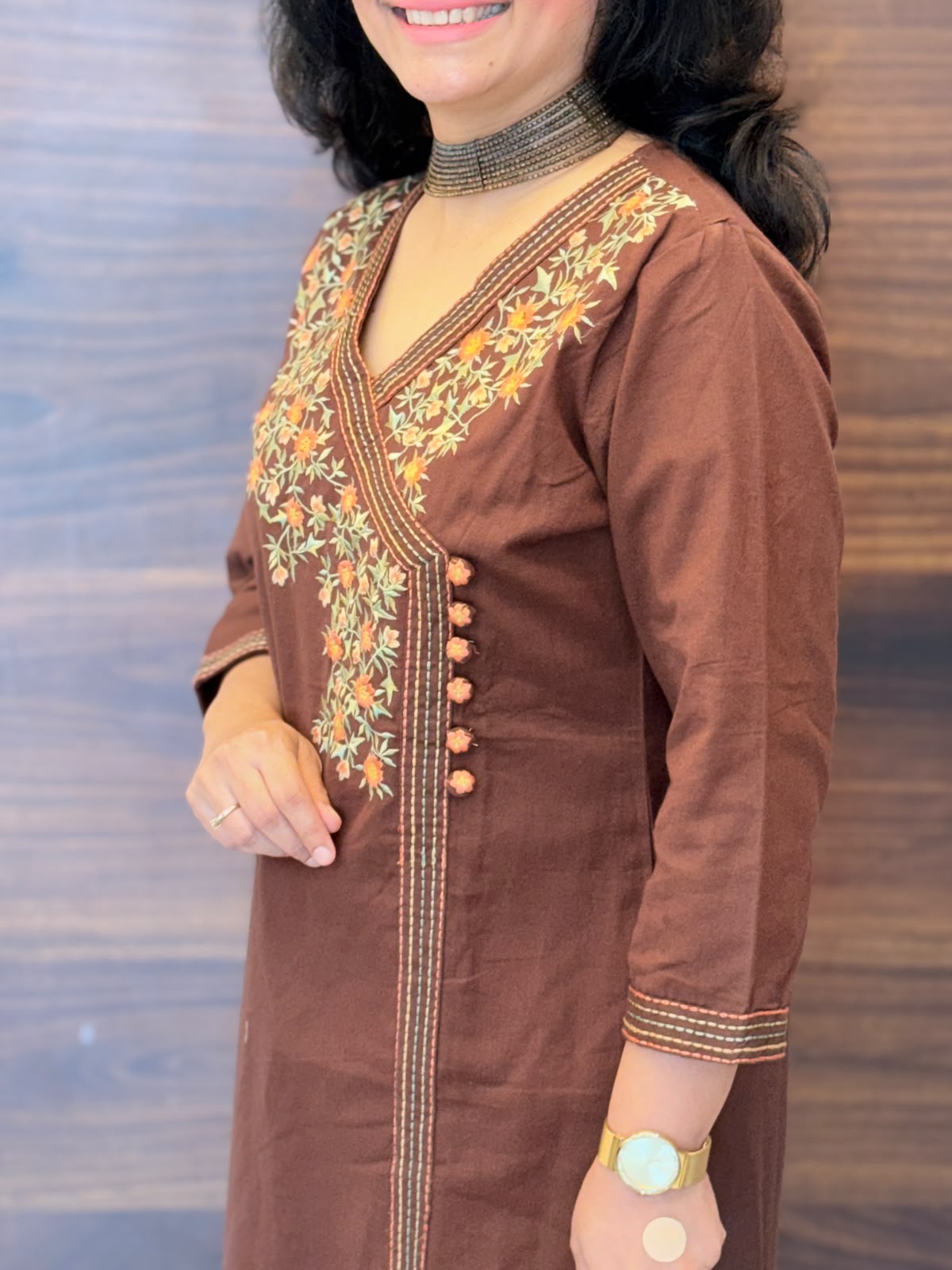 Coffee Brown Cotton Flex Angarkha Kurti-Pant Set