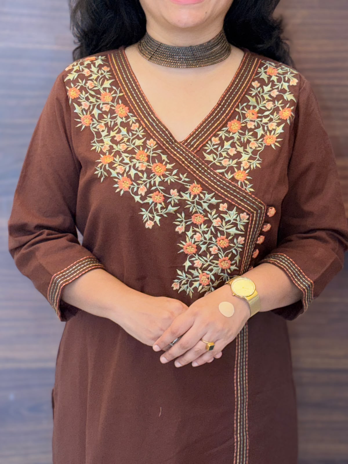 Coffee Brown Cotton Flex Angarkha Kurti-Pant Set