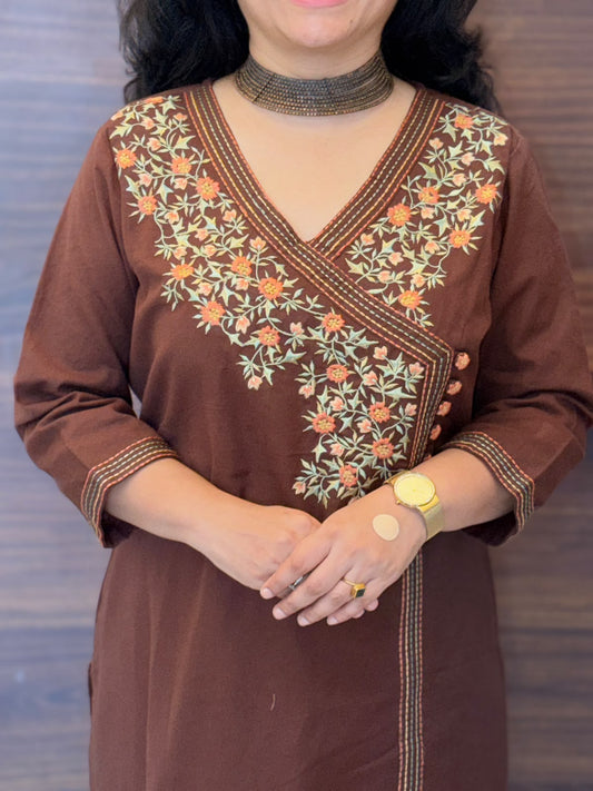Coffee Brown Cotton Flex Angarkha Kurti-Pant Set