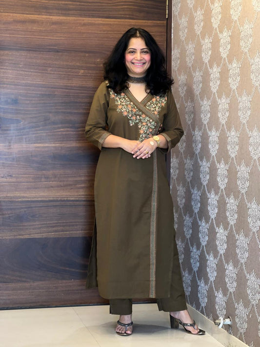 Muted Olive Brown Cotton Flex Angarkha Kurti-Pant Set