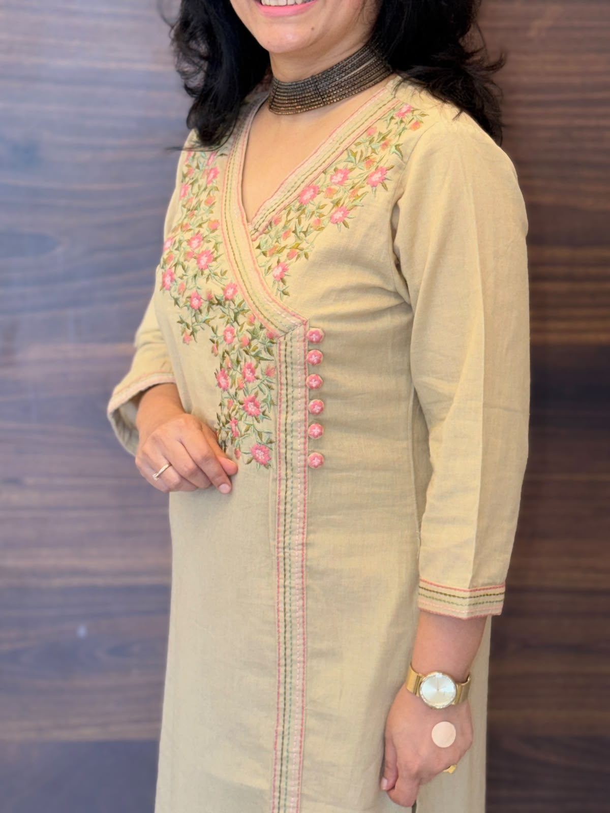 Beige Cotton Flex Angarkha Kurti-Pant Set
