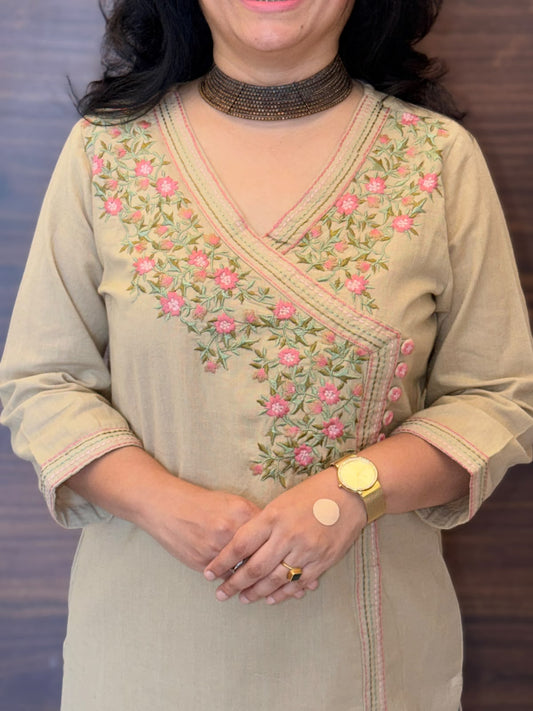 Beige Cotton Flex Angarkha Kurti-Pant Set