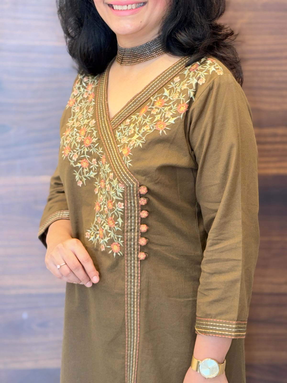 Muted Olive Brown Cotton Flex Angarkha Kurti-Pant Set